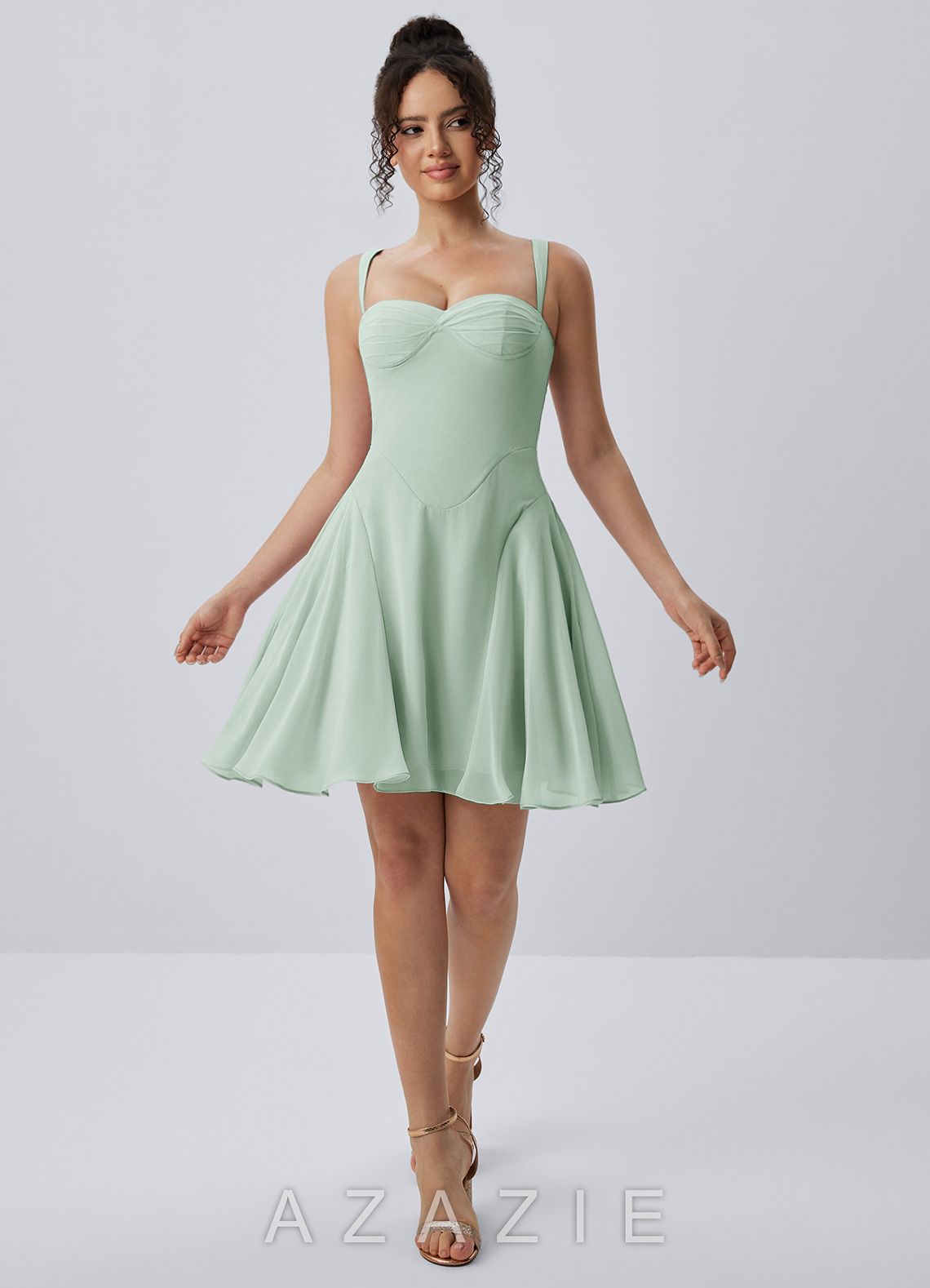 Isadora Agave Green Spaghetti Strap Chiffon Lace-Up Skater Mini Dress