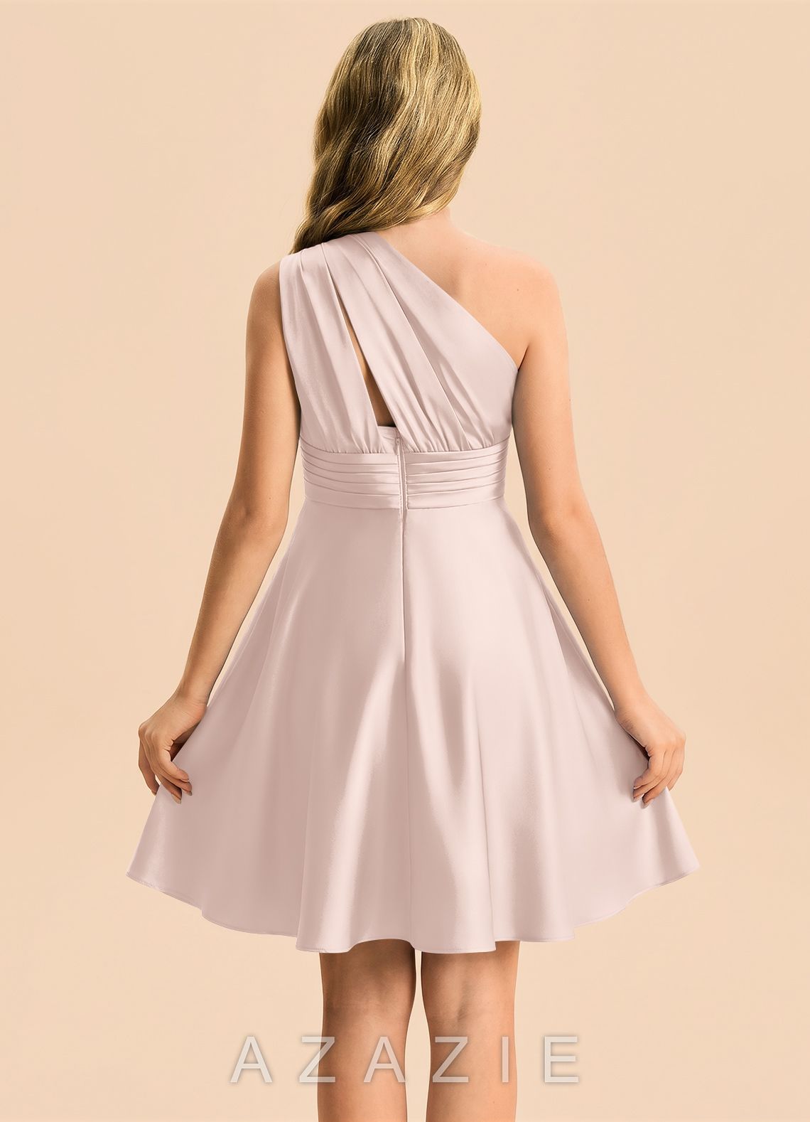 Azazie Charlize Junior Blushing Pink A-Line Pleated Stretch Satin Dress blushing_pink