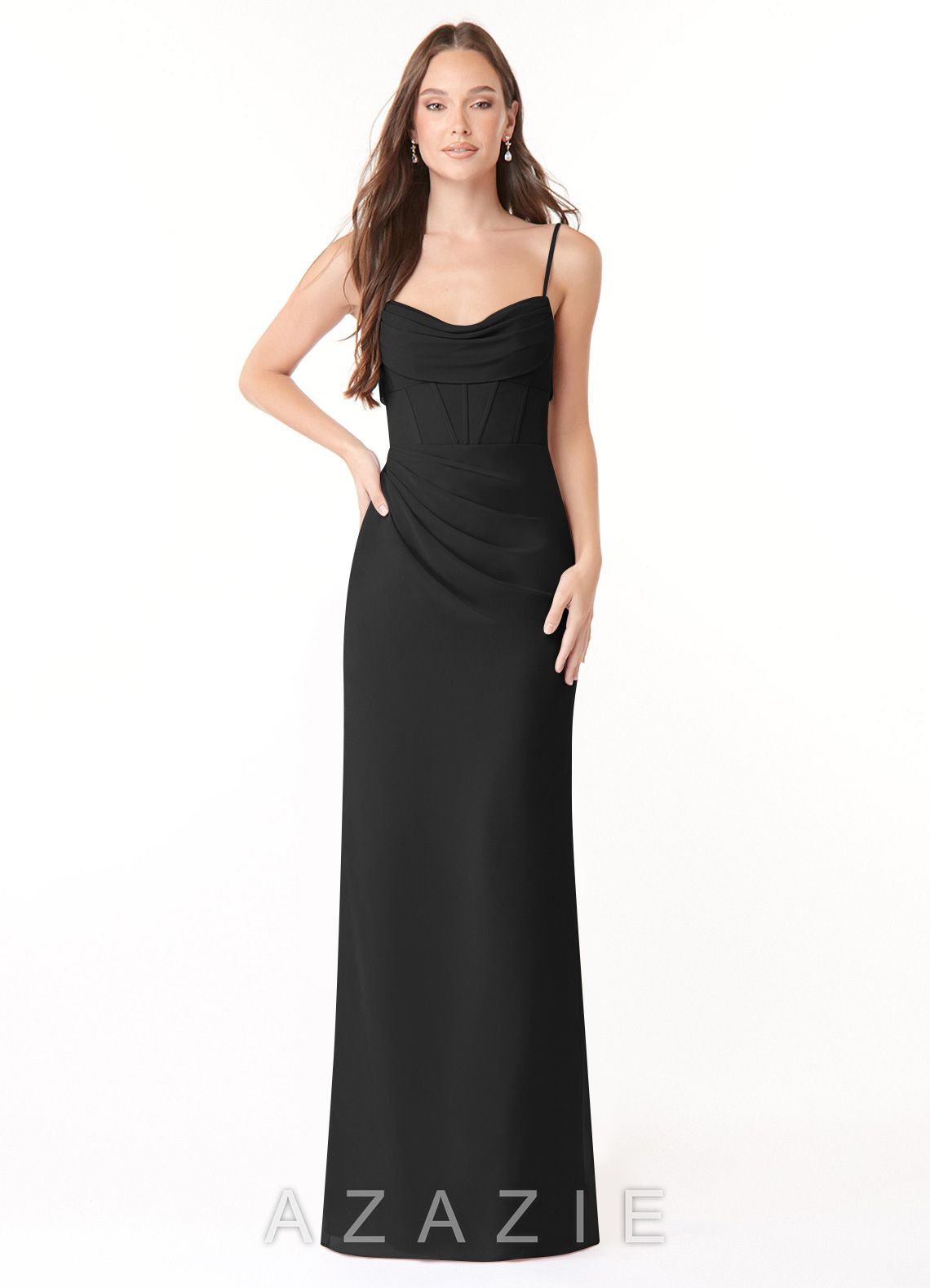 Azazie Mai Black Sheath Pleated Chiffon Dress