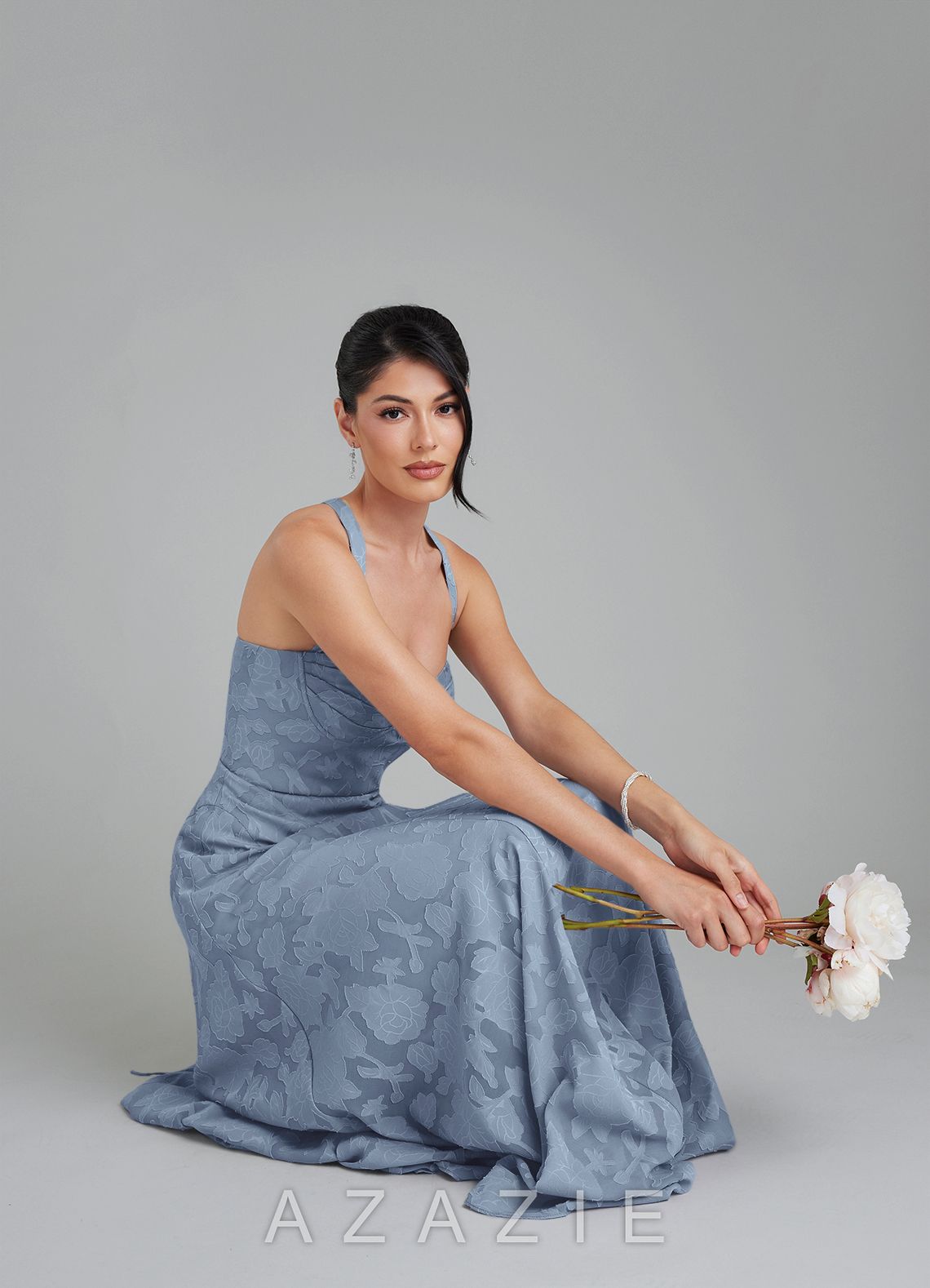 Azazie Bea Dusty Blue A-Line Corset Floral Burnout Dress dusty_blue