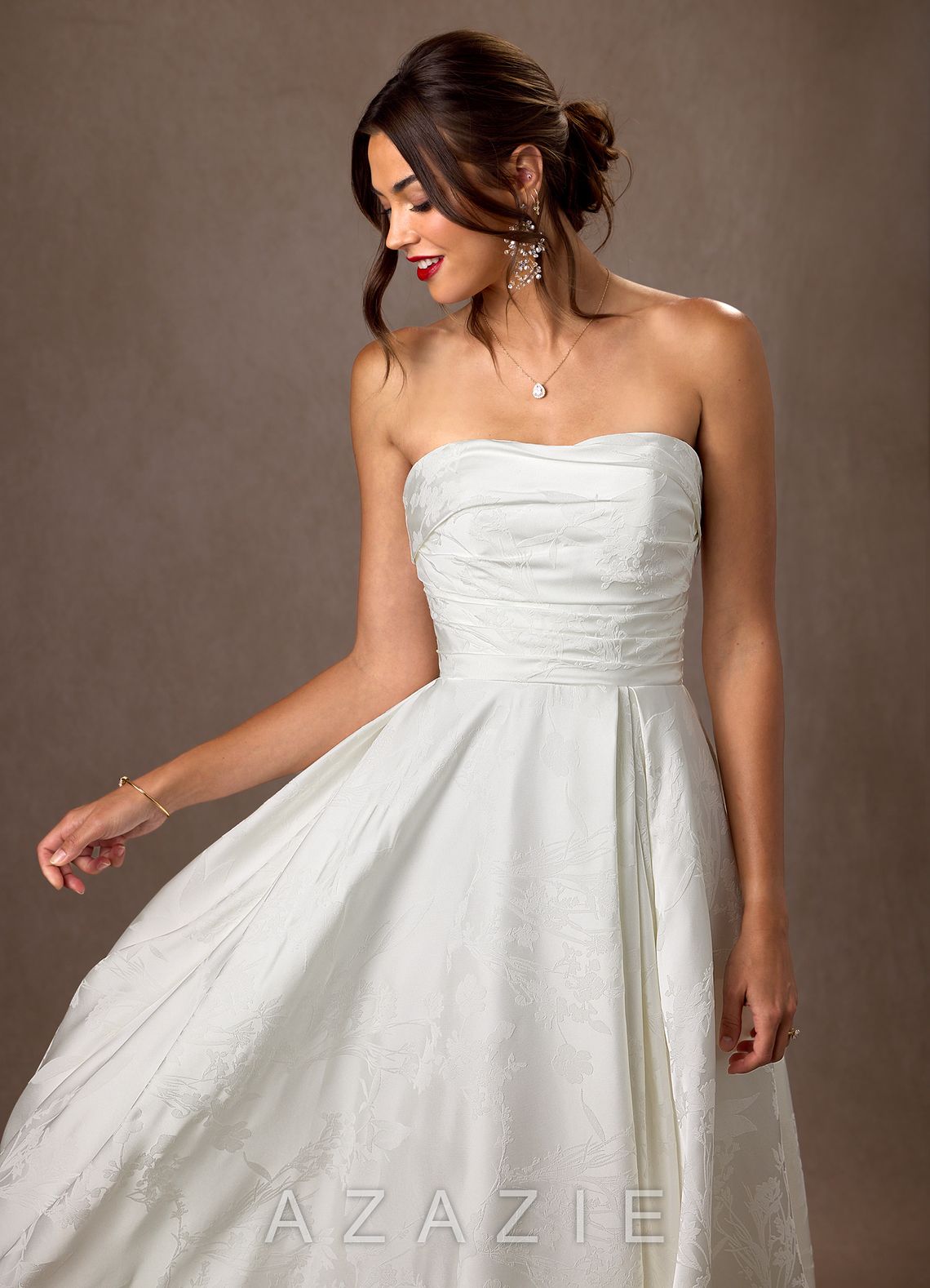 Azazie Daliah Diamond White A-Line Strapless Floral Jacquard Dress