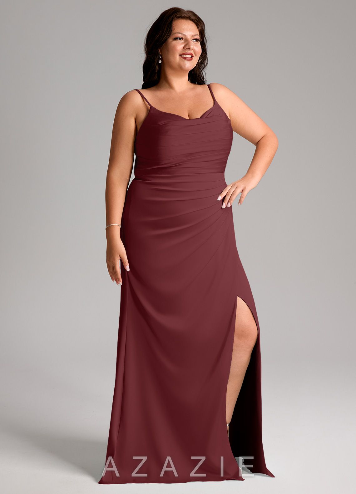 Azazie Deandra Cabernet Mermaid Pleated Stretch Satin Dress cabernet