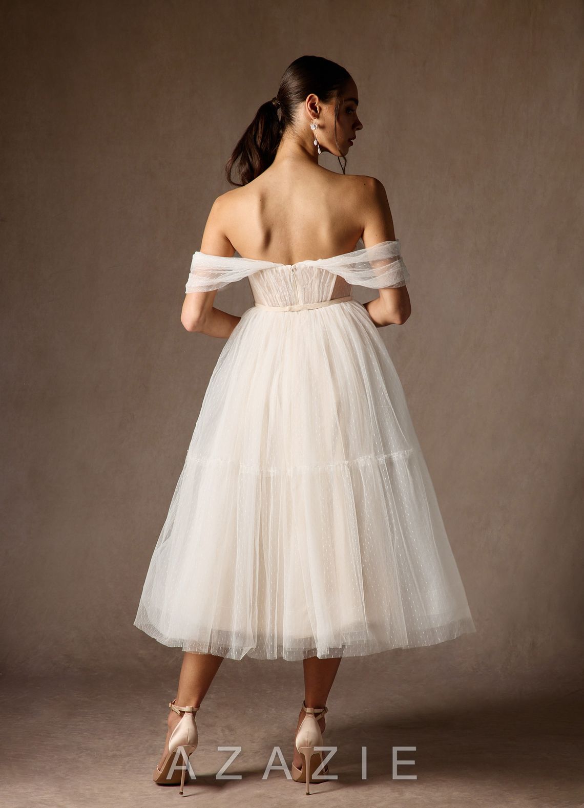 Azazie Vienna Wedding Dress Diamond White Champagne A-Line Off-The-Shouler Tulle Dress diamond_white/champagne