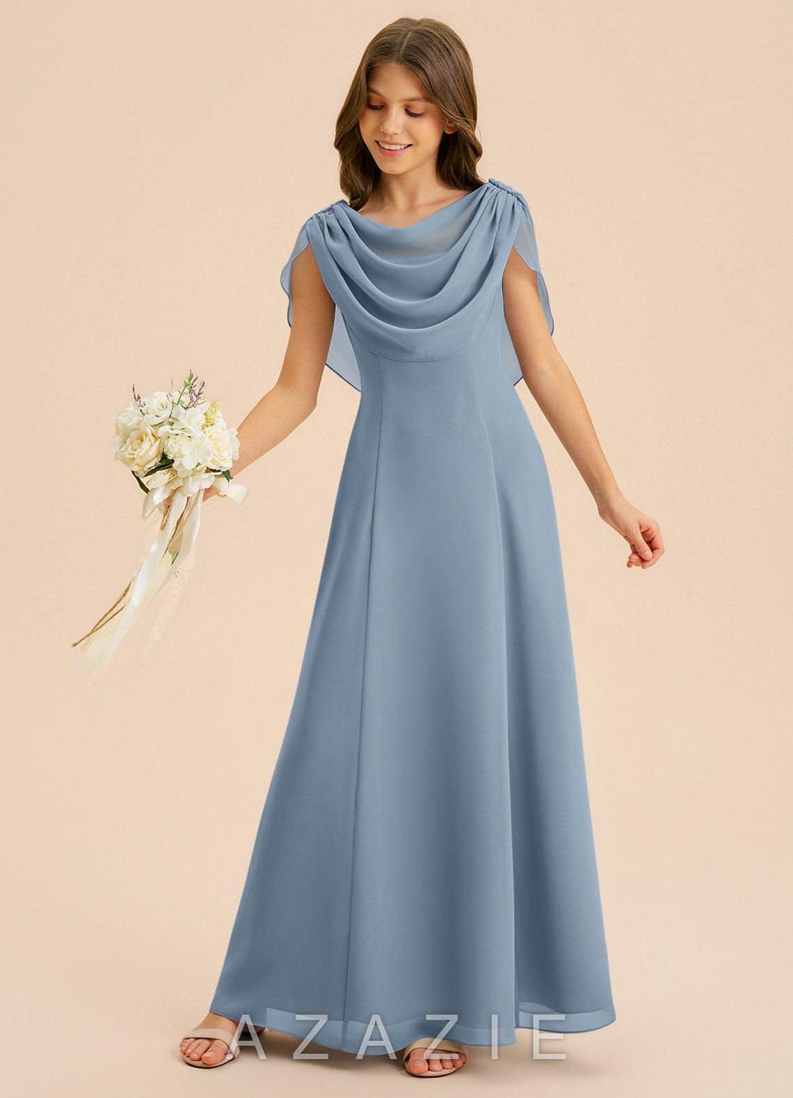 Azazie Lambie Junior Dusty Blue A-Line Pleated Chiffon Dress dusty_blue