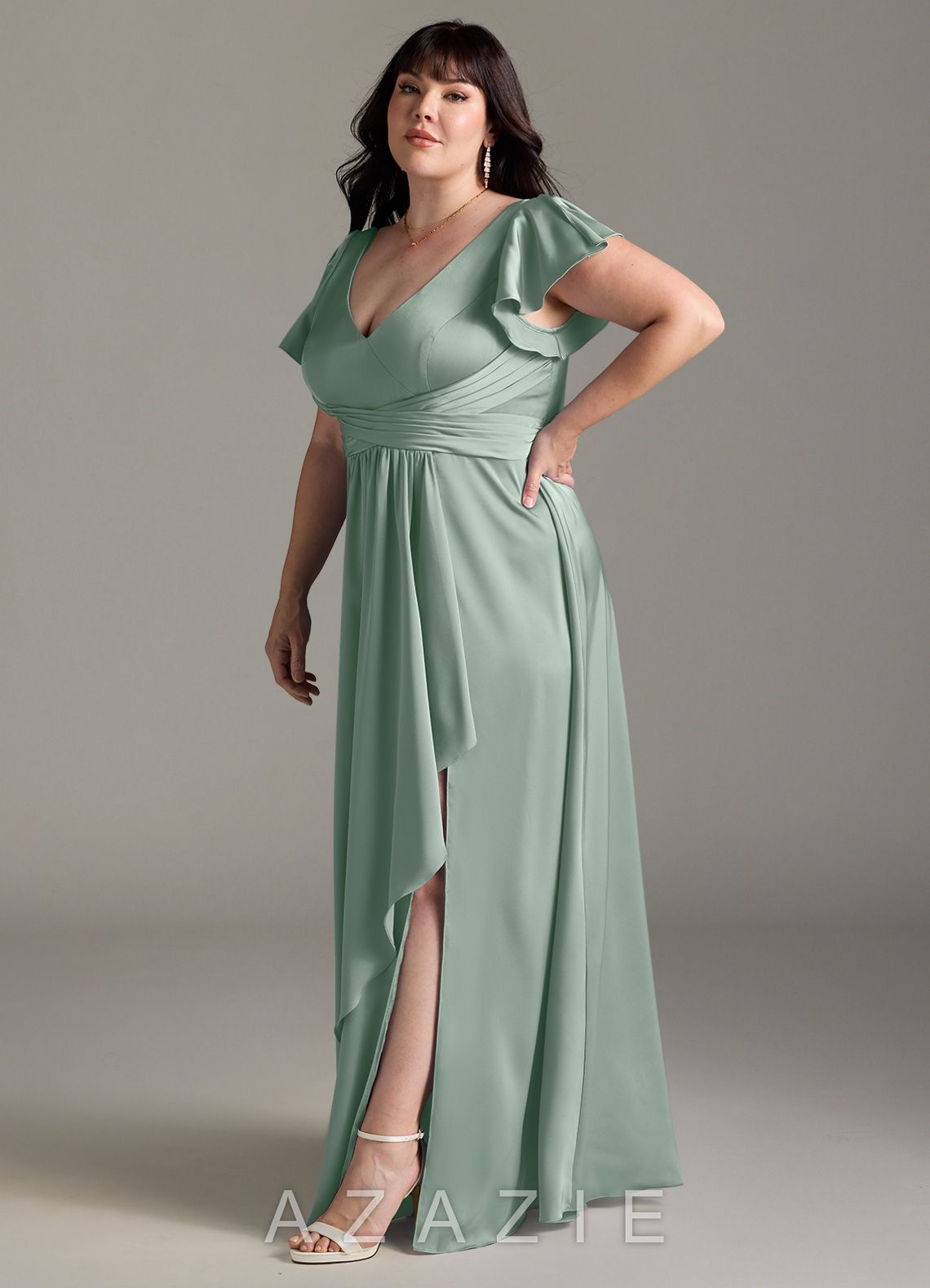 Azazie Omari Agave A-Line Stretch Satin Dress agave