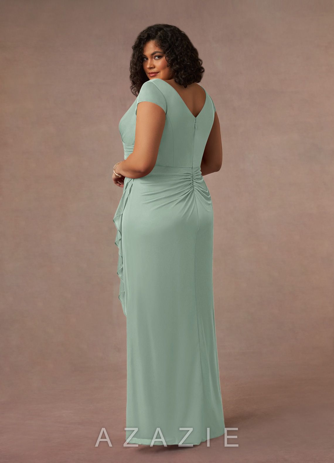 Azazie Roya Agave Mermaid V-Neck Pleated Mesh Dress agave
