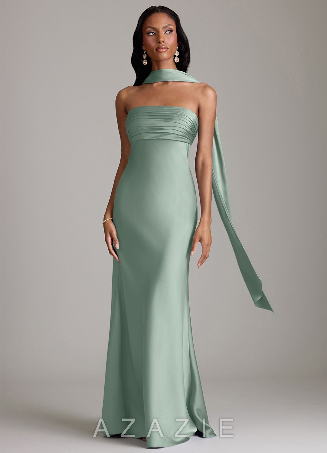 Azazie Saylor Agave Mermaid Strapless Stretch Satin Dress agave