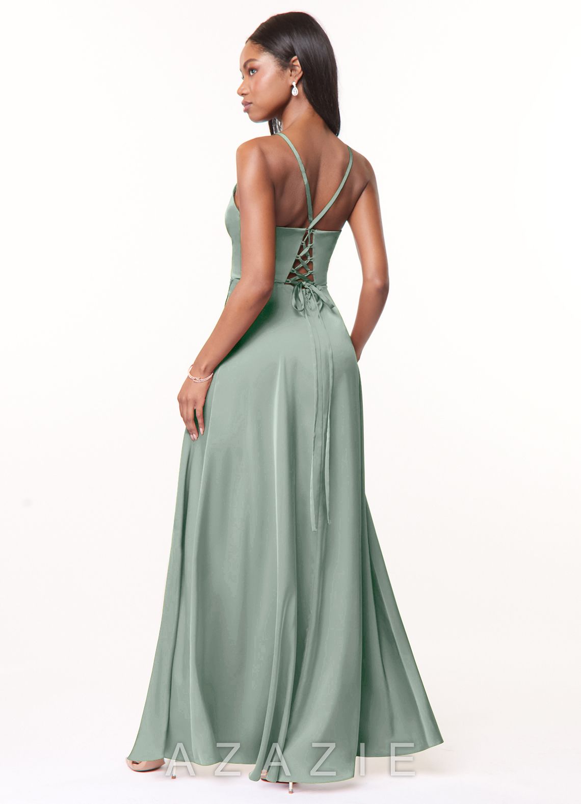 Azazie Maksim Agave A-Line V-Neck Stretch Satin Dress agave