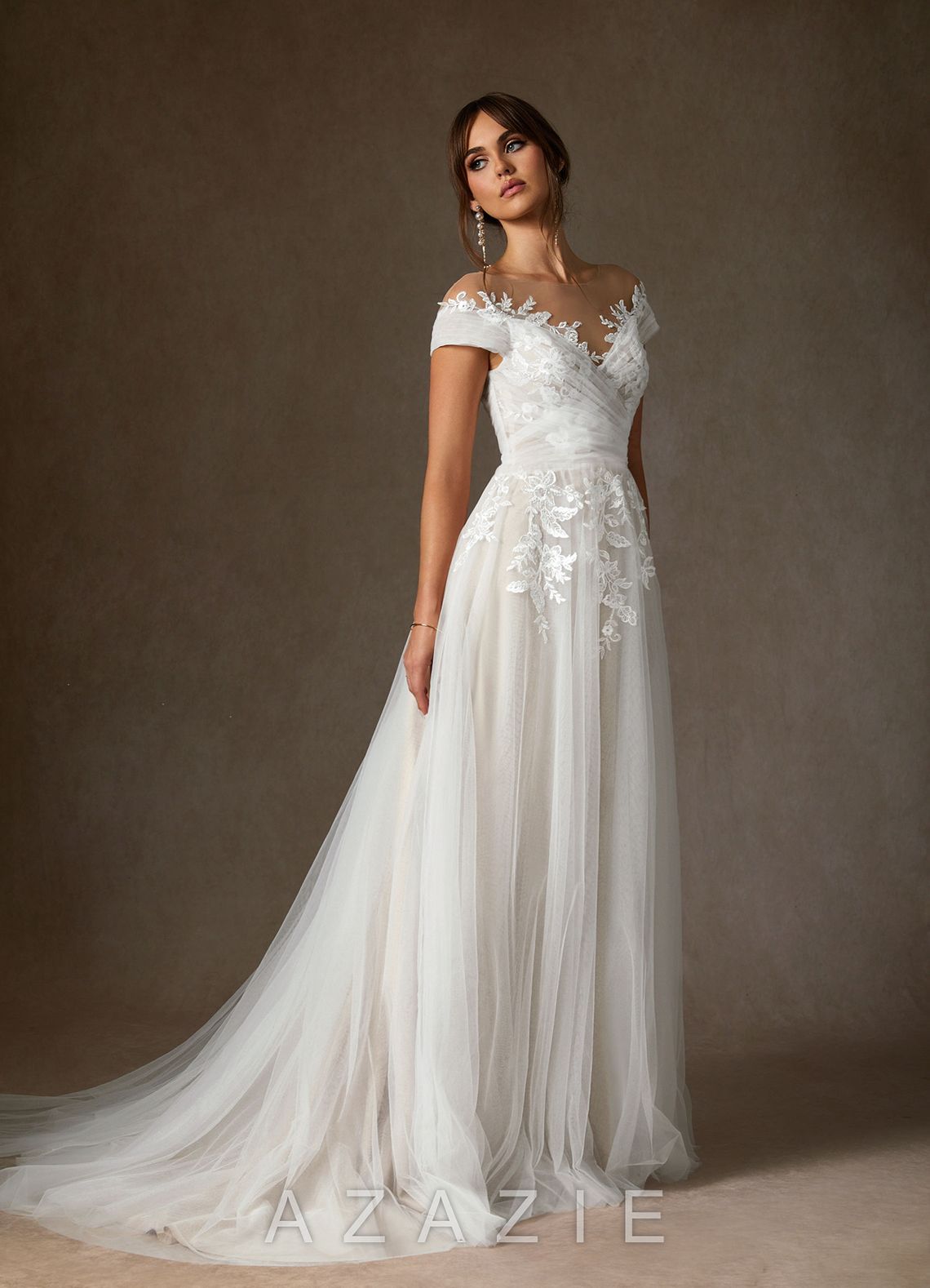 Azazie Cindy Wedding Dress Diamond White Champagne A-Line Illusion Off-The-Shouler Lace Tulle Dress diamond_white/champagne