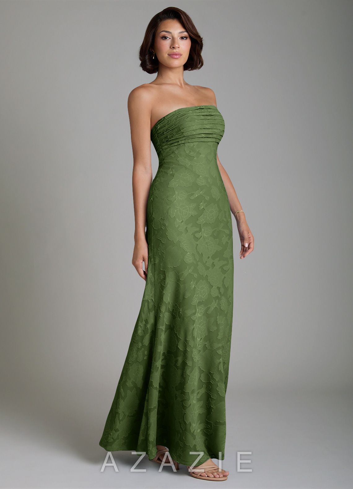 Azazie Saylor Olive Mermaid Strapless Floral Burnout Convertible Dress olive