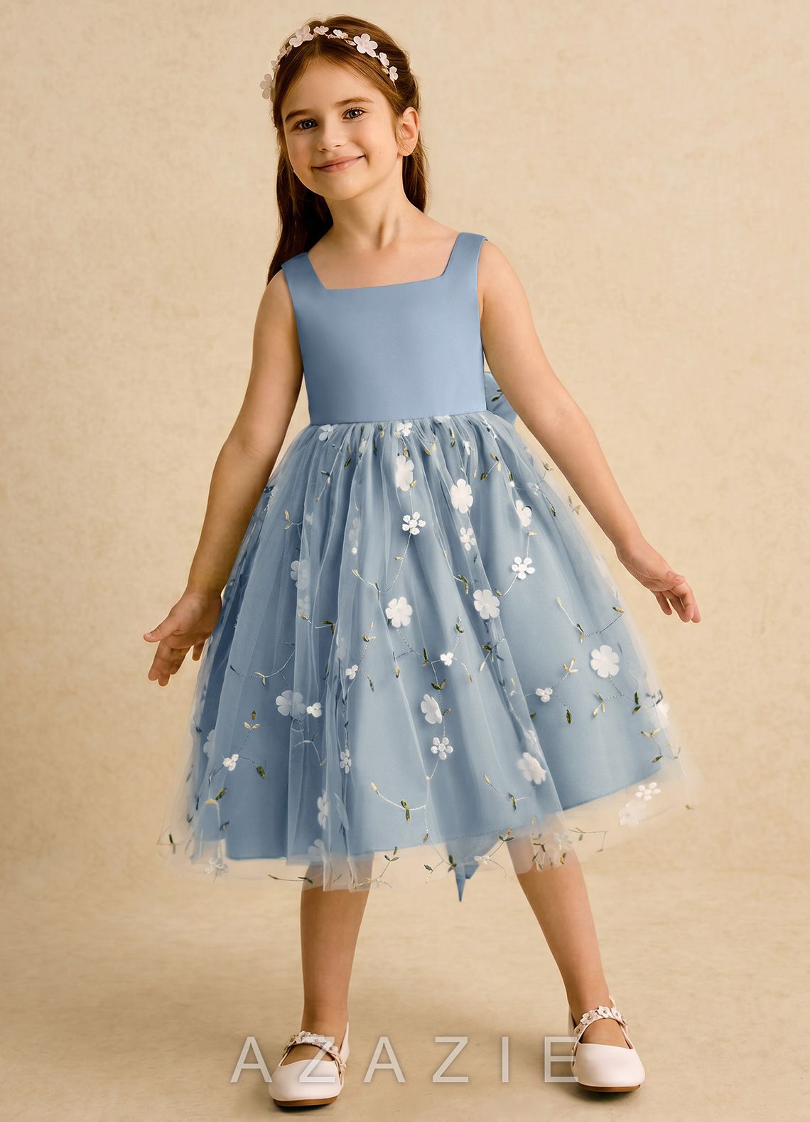 Azazie Bean Dusty Blue Ball-Gown Bow Tulle Dress dusty_blue