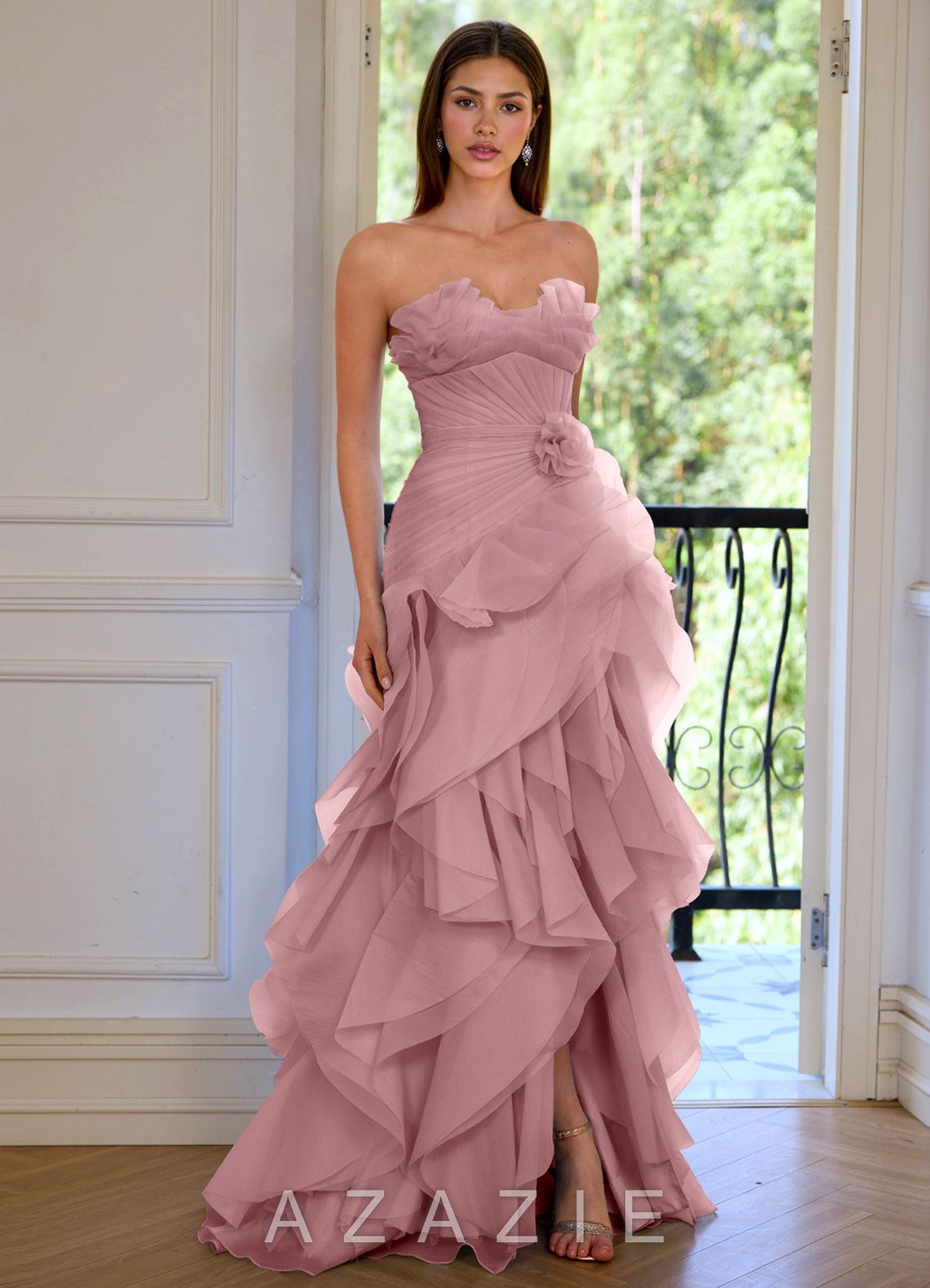 Aurelia Dusty Pink Floral Sweetheart Neckline A-line Ruffle Asymmetrical Prom Dr
