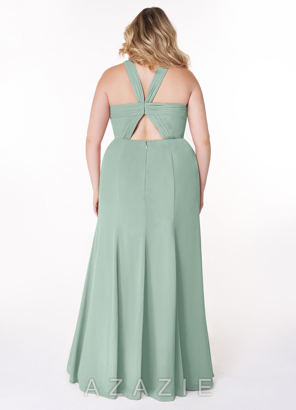 Azazie Rue Agave A-Line Halter Chiffon Dress agave