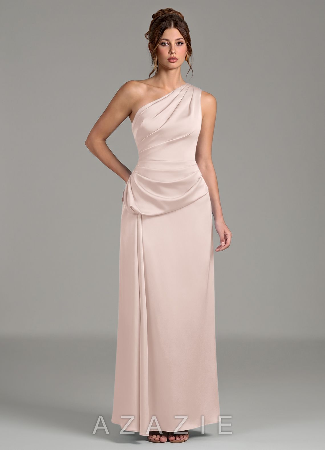 Azazie Zahira Blushing Pink Sheath One Shoulder Stretch Satin Dress