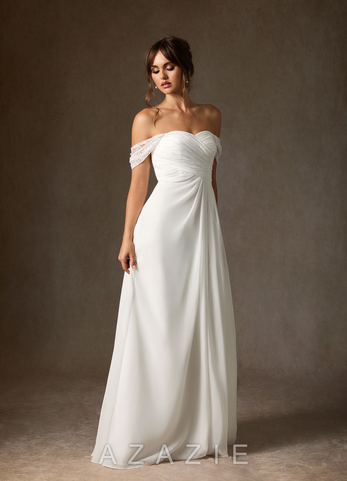 Azazie Zadie Wedding Dress Diamond White A-Line Off the Shoulder Chiffon Dress diamond_white