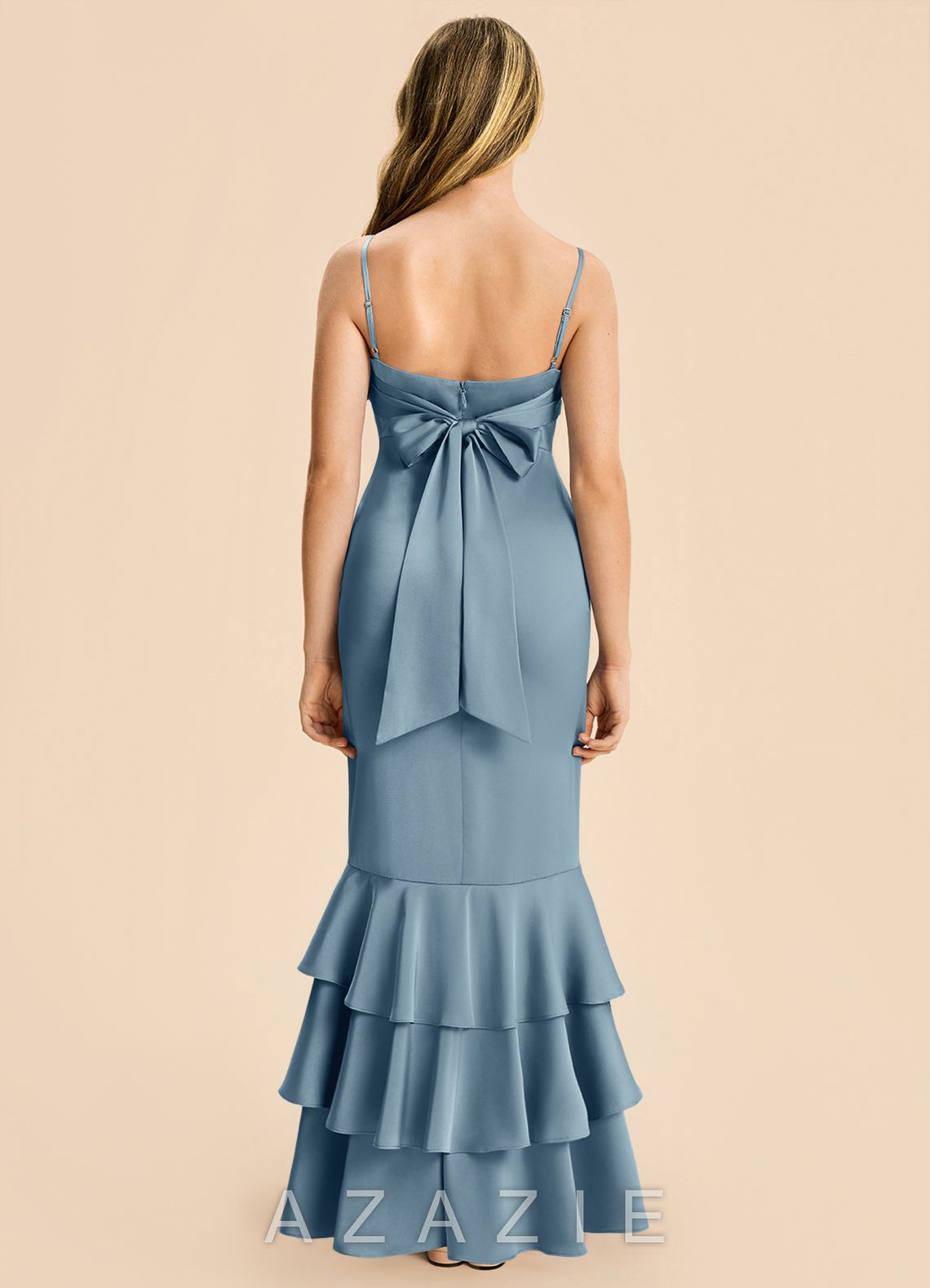 Azazie Fay Junior Dusty Blue Mermaid Ruched Stretch Satin Dress dusty_blue