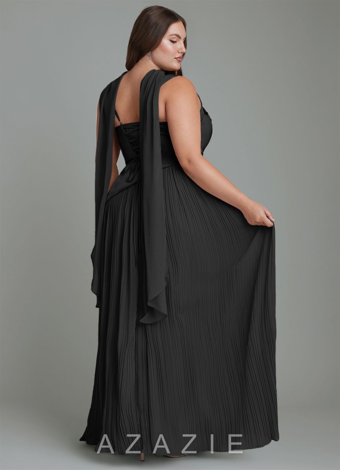 Azazie Stephanie Black A-Line Pleated Stretch Satin Dress black