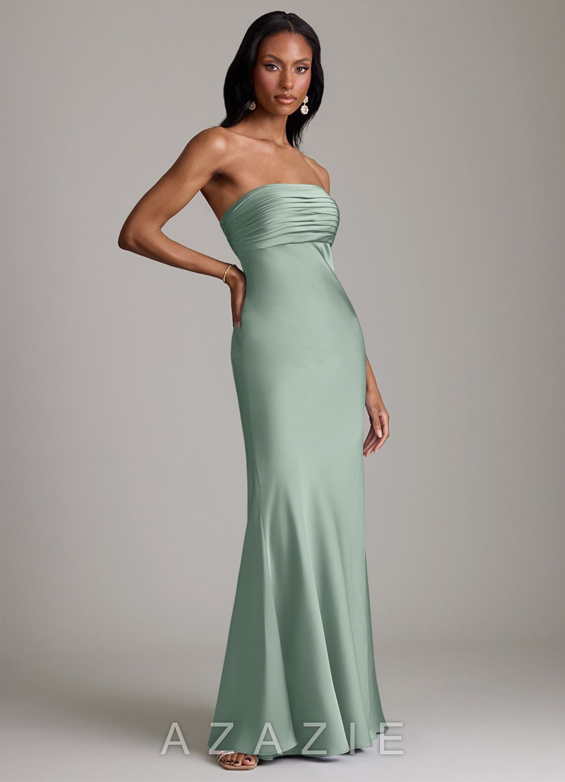 Azazie Saylor Agave Mermaid Strapless Stretch Satin Dress agave