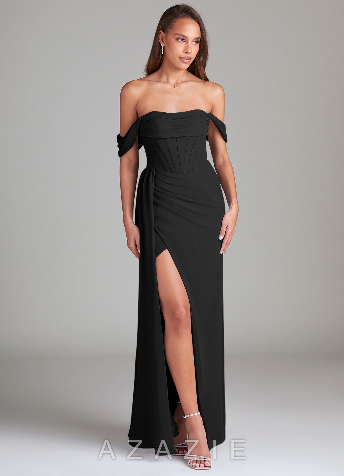 Azazie Amyra Black Sheath Off the Shoulder Chiffon Convertible Dress black