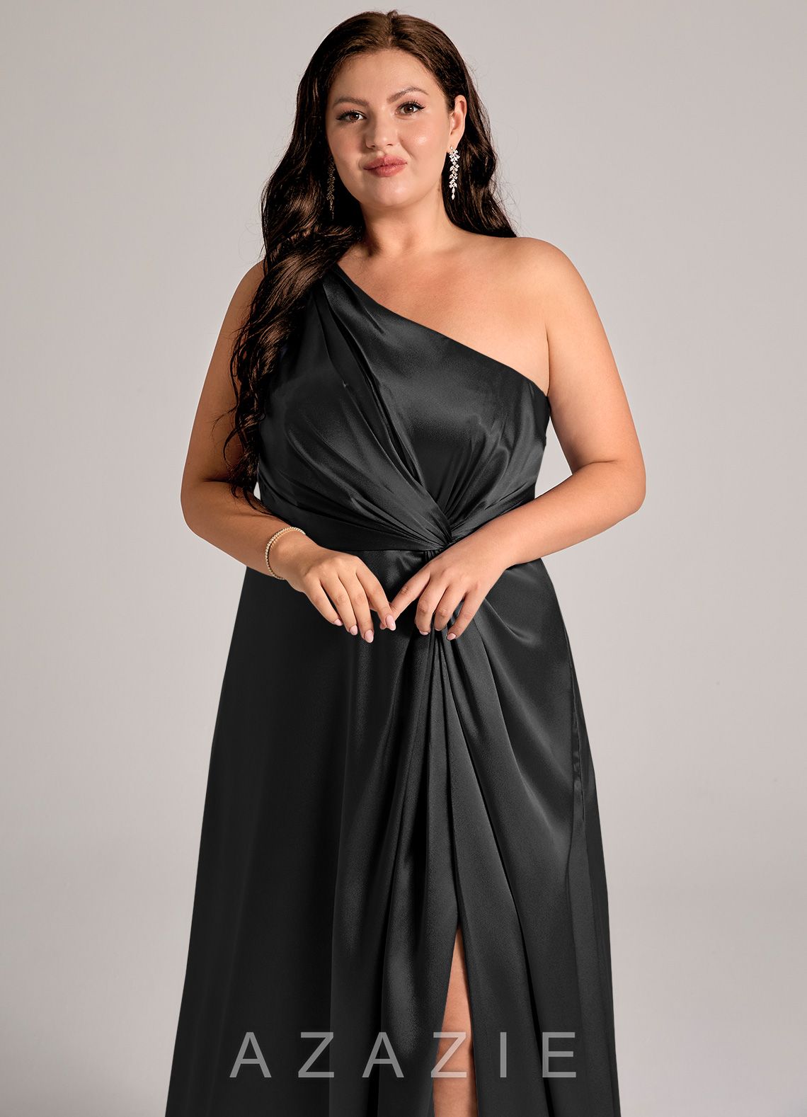 Azazie Brooke Black A-Line One Shoulder Metallic Satin Dress black