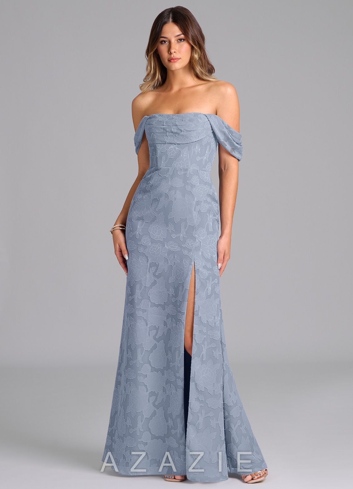 Azazie Saige Dusty Blue A-Line Off the Shoulder Floral Burnout Convertible Dress