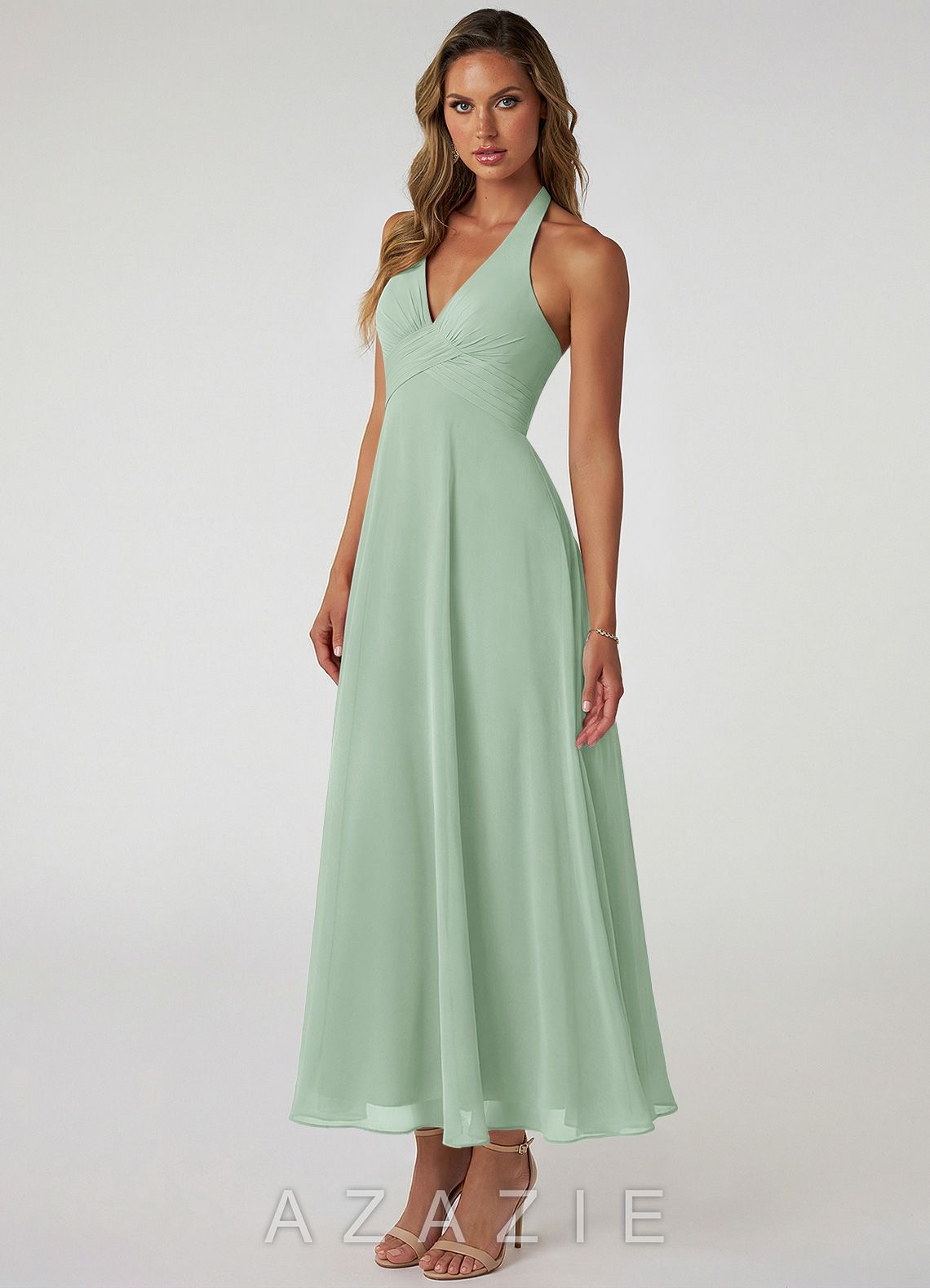 Azazie Tessie Agave A-Line Pleated Chiffon Dress agave
