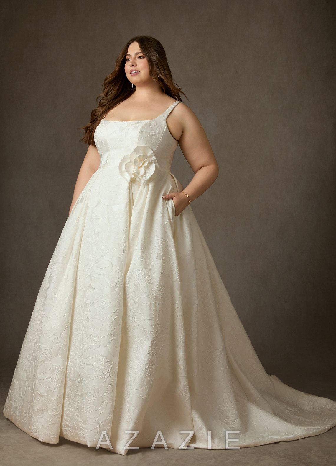 Azazie Ruby Antique White Ball-Gown with Pockets Floral Jacquard Dress antique_white