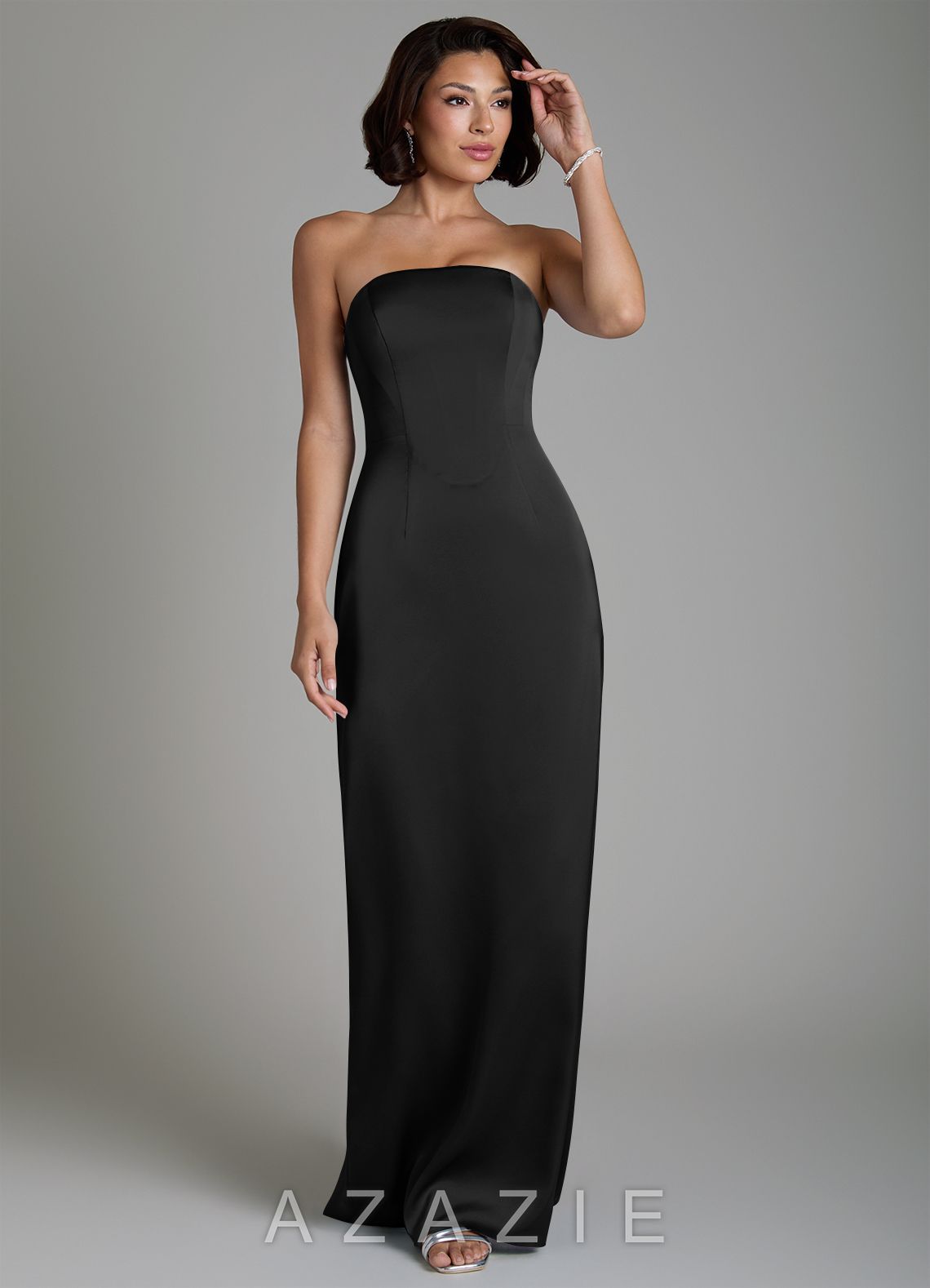 Azazie Fallyn Black Sheath Corset Stretch Satin Dress