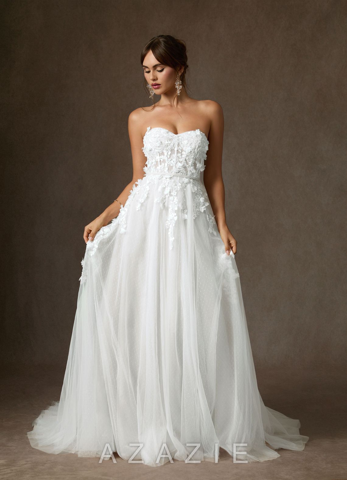 Azazie Wynery Diamond White Ball-Gown Off the Shoulder Lace Dress