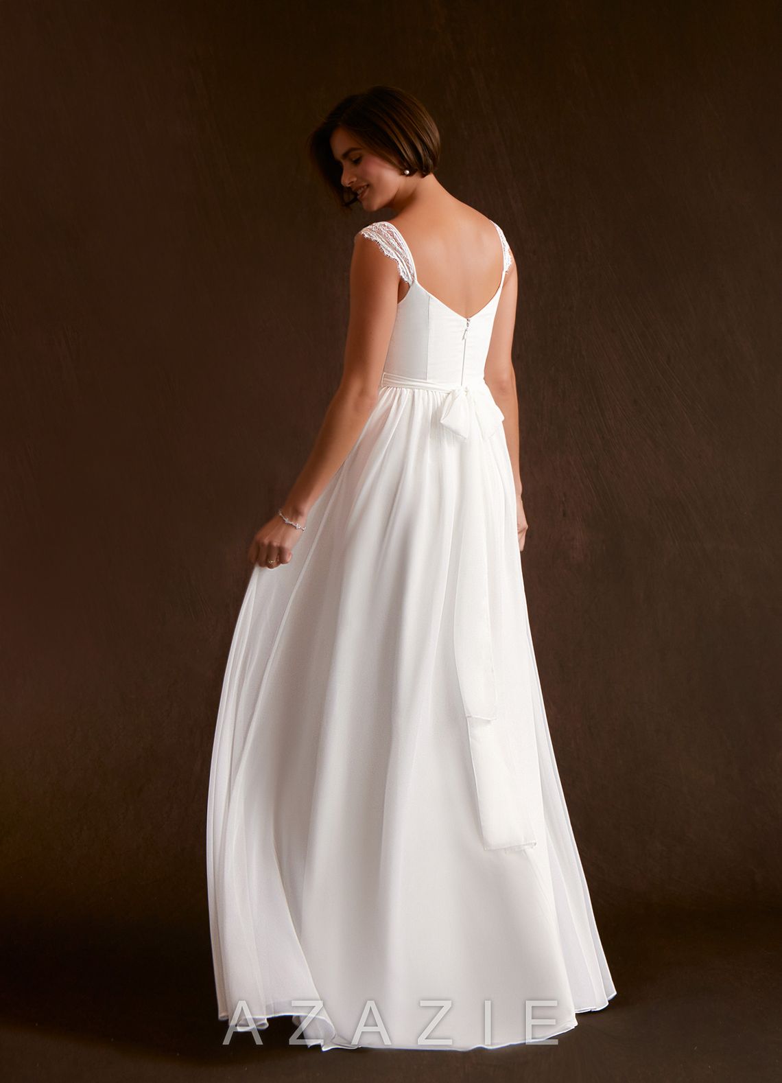 Azazie Aubriella Wedding Dress Diamond White A-Line Lace Chiffon Dress diamond_white