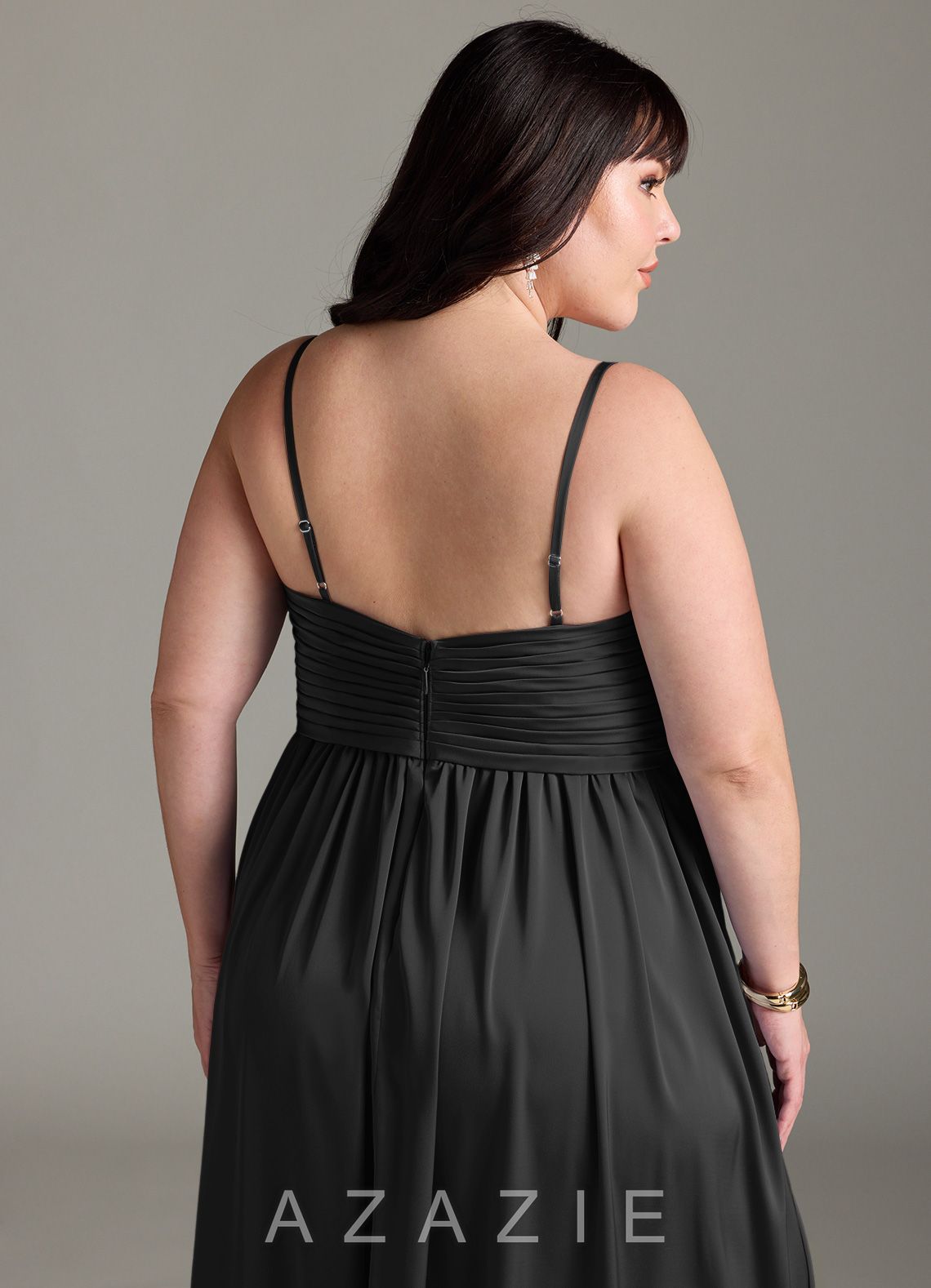 Azazie Alia Black A-Line Pleated Stretch Satin Dress black