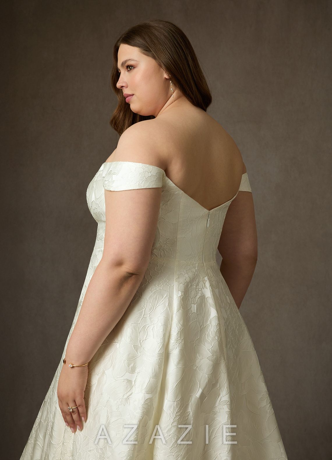 Azazie Amaya Antique White Ball-Gown Strapless Floral Jacquard Dress antique_white