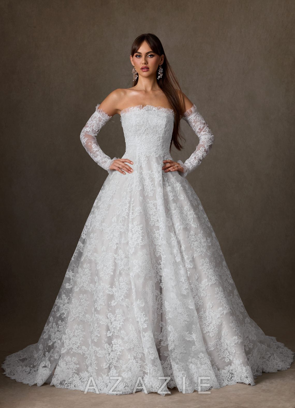 Azazie Hinata Diamond White Ball-Gown Strapless Lace Dress