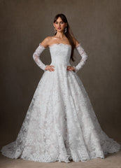 Azazie Hinata Diamond White Ball-Gown Strapless Lace Dress
