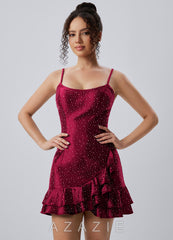 Katerina Burgundy Spaghetti Strap Satin Rhinestone Ruffle Lace-Up Mini Dress