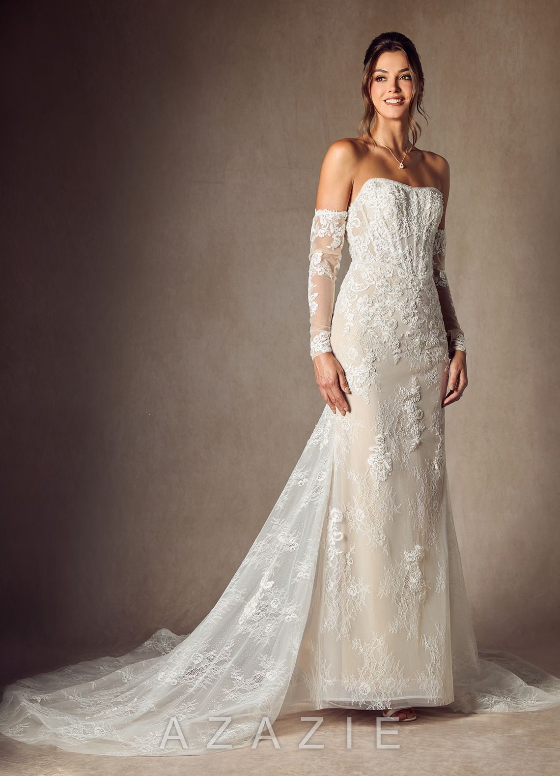 Azazie Caitlin Diamond White Champagne Mermaid Strapless Lace Dress diamond_white/champagne
