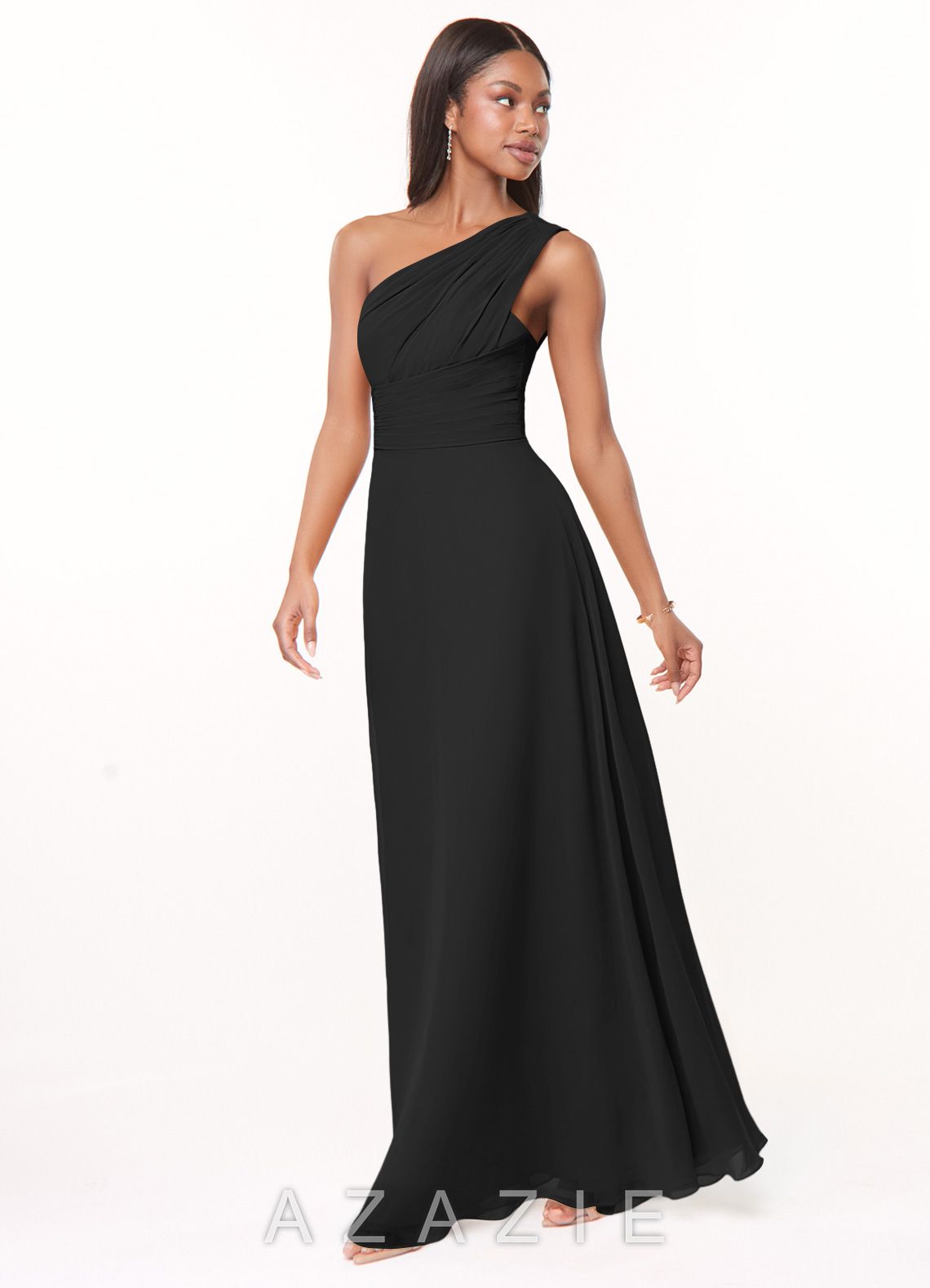 Azazie Ashley Black A-Line Ruched Chiffon Dress black