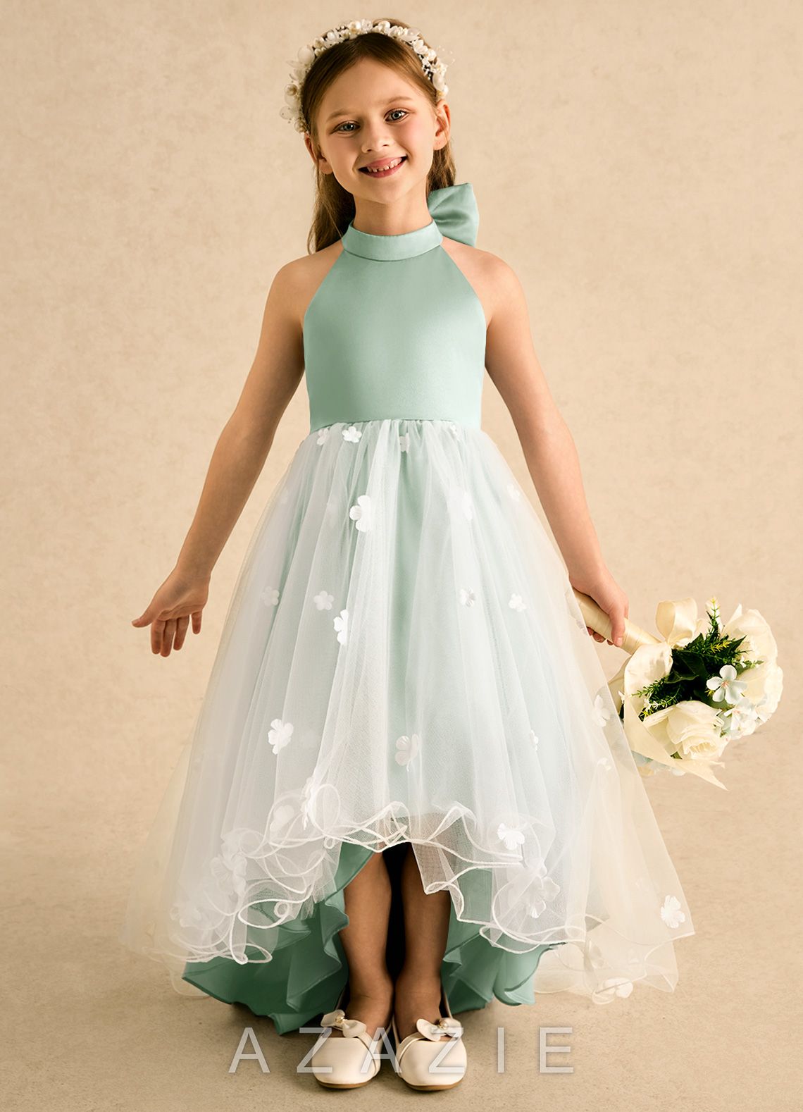 Azazie Cerra Agave A-Line Pleated Tulle Dress agave
