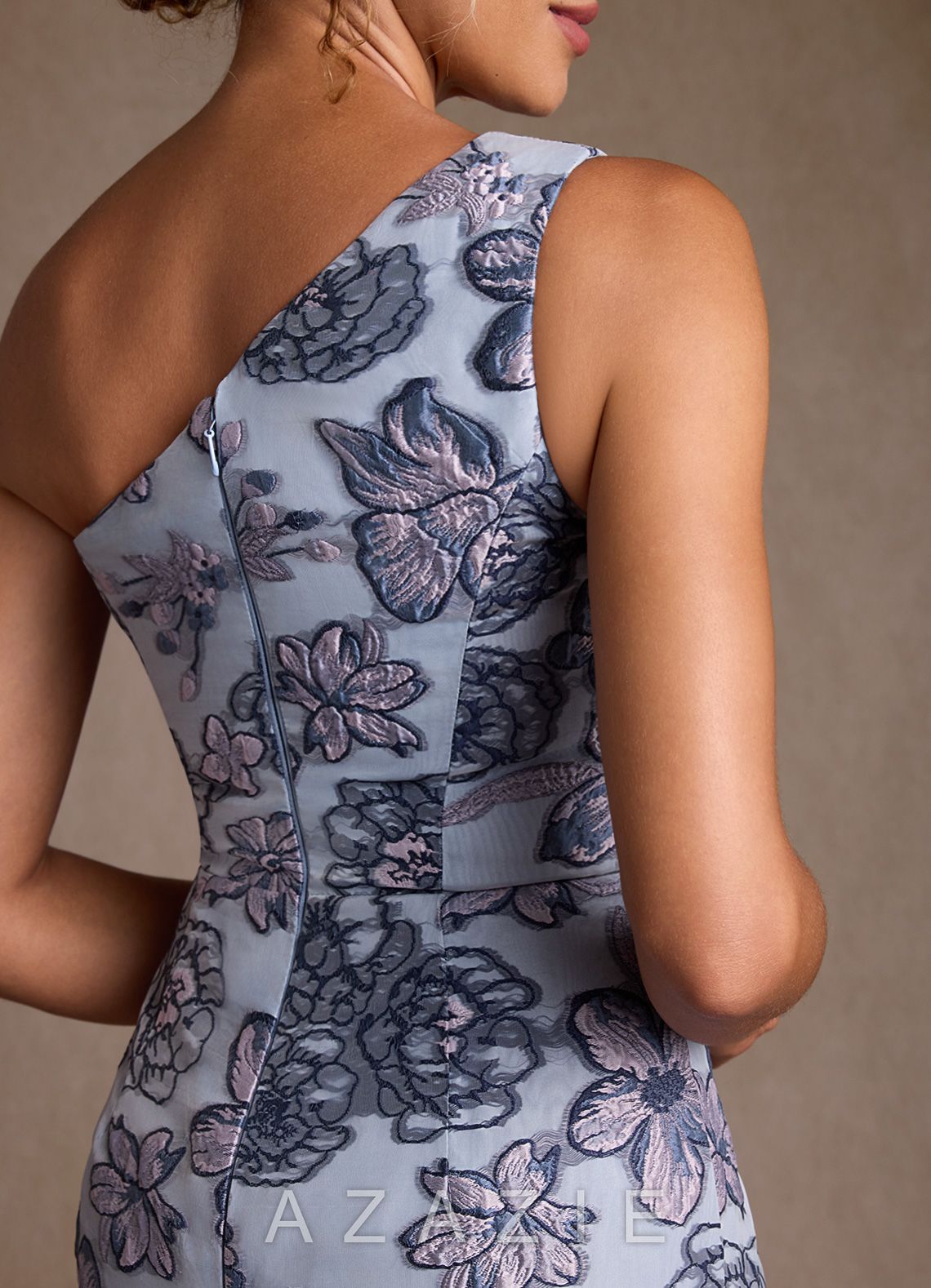 Azazie Joylin Dusty Blue Jacquard Trumpet One Shoulder Floral Jacquard Dress dusty_blue_jacquard