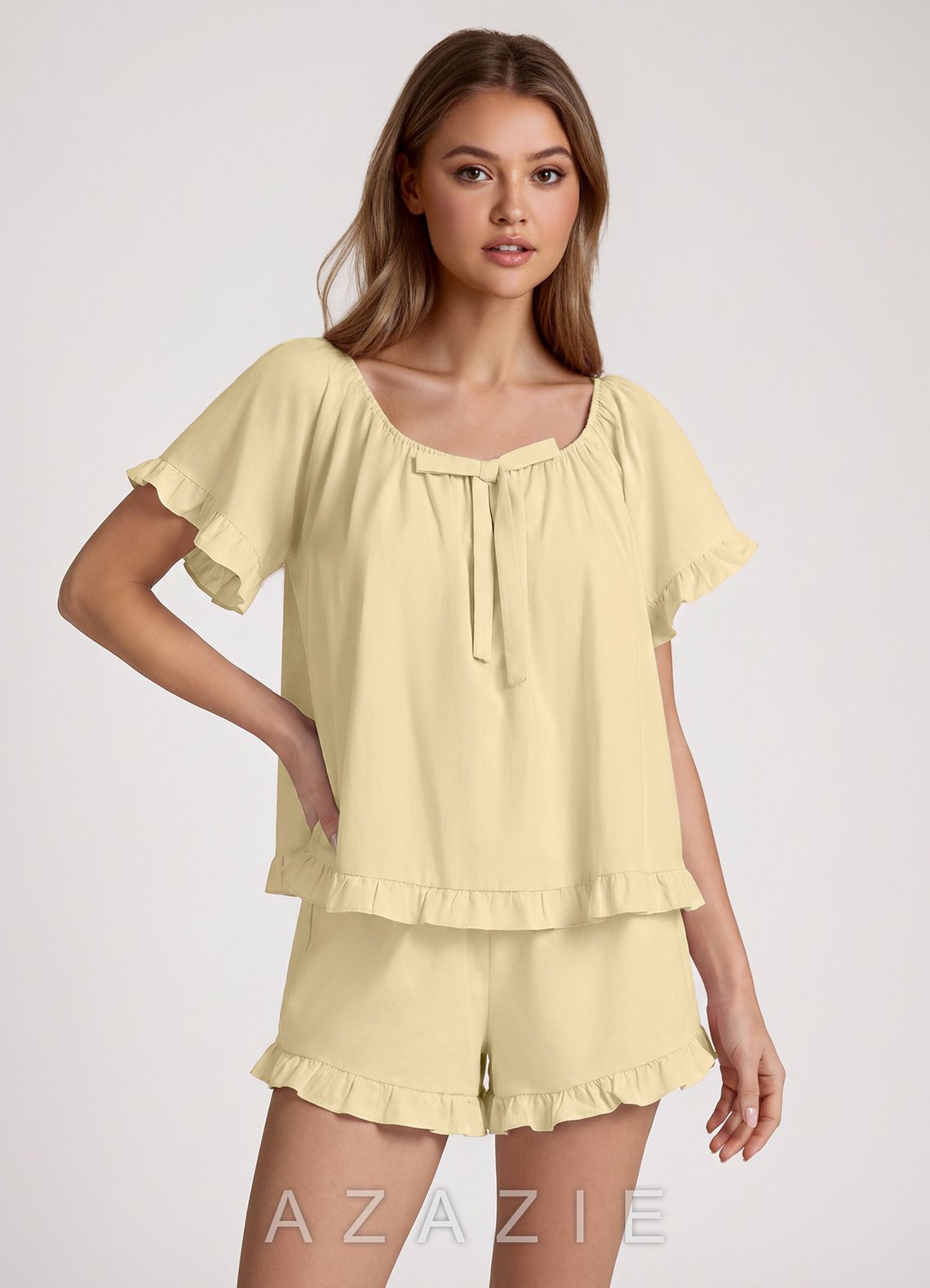 Ruffled Bow Short Sleeve Cotton Pajama Set