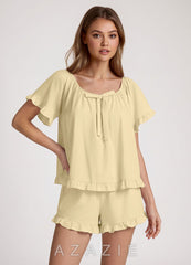 Ruffled Bow Short Sleeve Cotton Pajama Set