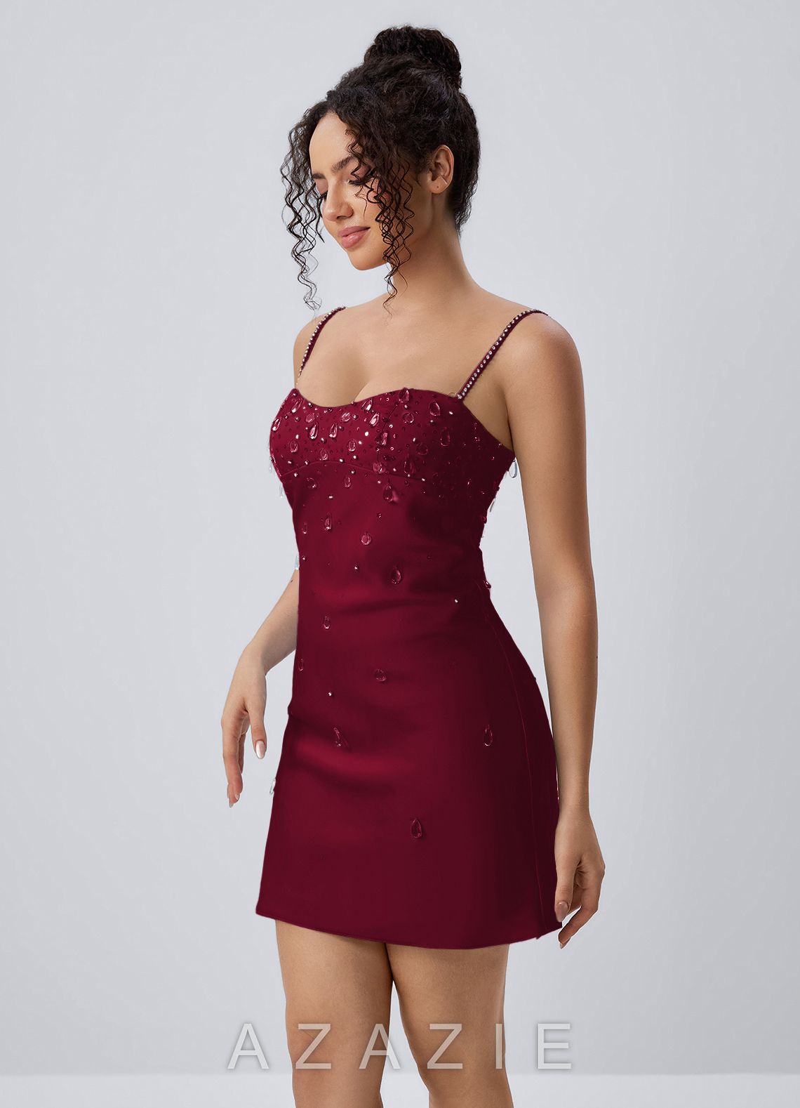 Lindrosa Merlot Rhinestone Beading Sequin Embroidery Satin Mini Dress