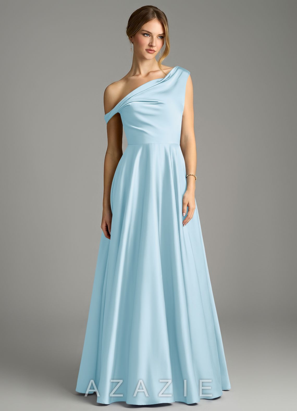 Azazie Xanthe Sky Blue A-Line Off the Shoulder Stretch Satin Dress sky_blue