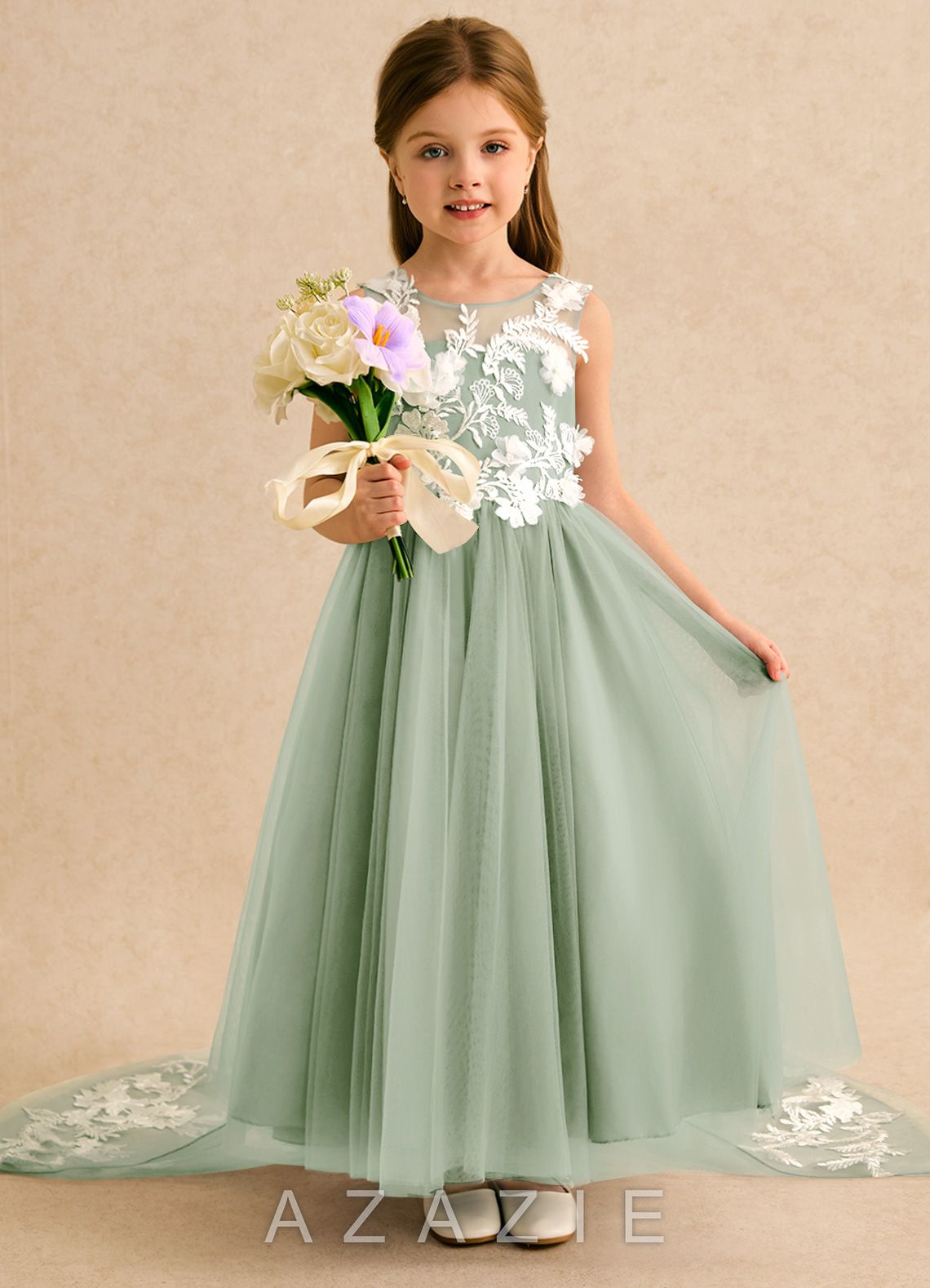 Azazie Mixie Dusty Sage Ball-Gown Lace Dress dusty_sage