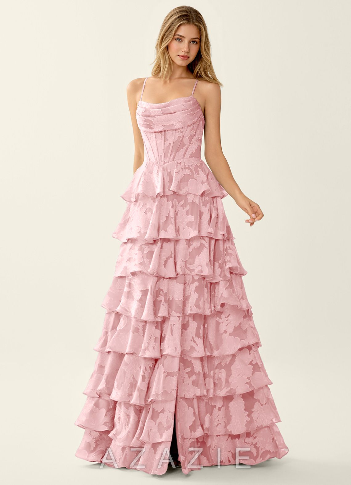 Wrenana Coral Pink Textured Floral Jacquard Prom Dress  sp_coral_pink_#cp134838