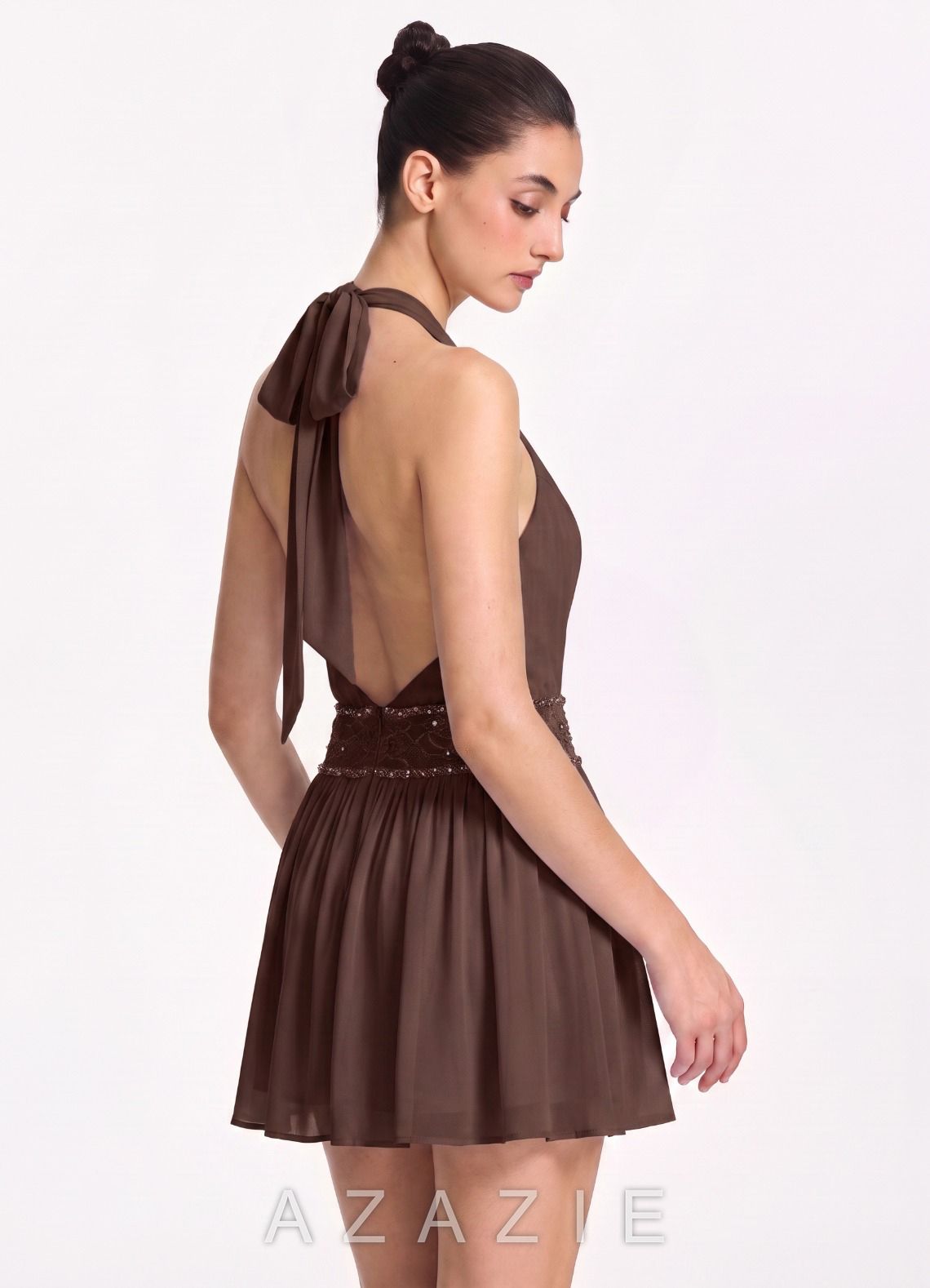 Rosalinde Ganache Halter Chiffon Beaded Waist Back Bow Mini Dress