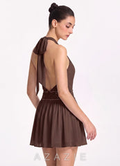 Rosalinde Ganache Halter Chiffon Beaded Waist Back Bow Mini Dress