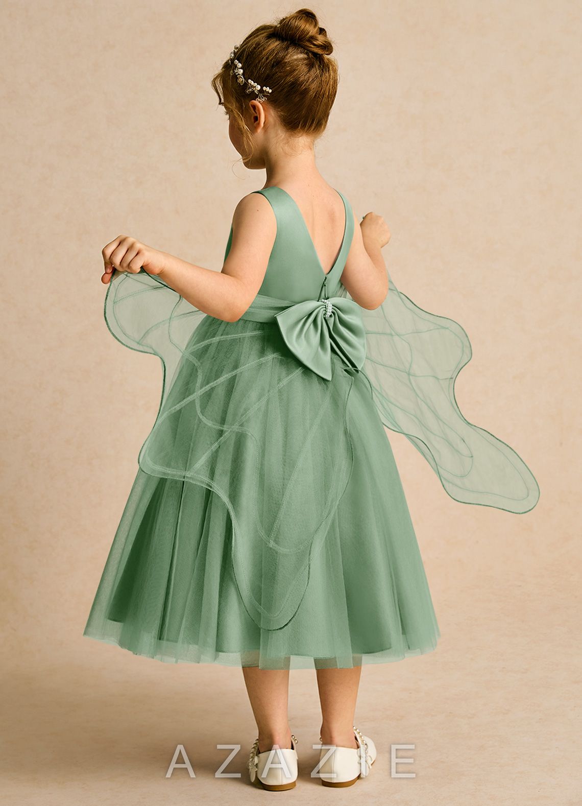 Azazie Pear Matcha Ball-Gown Bow Tulle Dress matcha