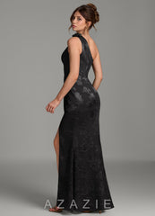 Azazie Yanie Black Mermaid One Shoulder Floral Jacquard Burnout Dress black