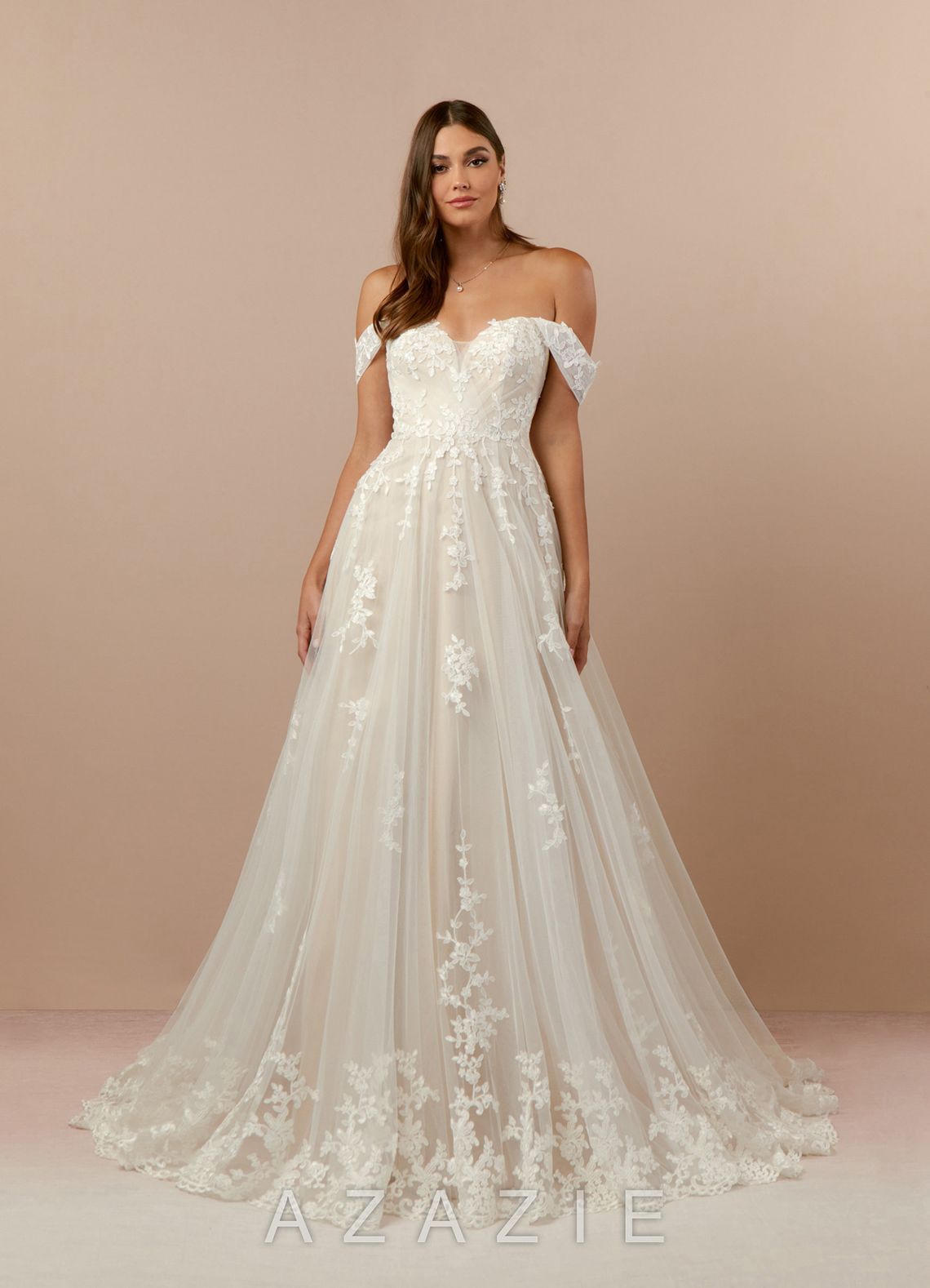 Azazie Botanica Wedding Dress Diamond White Champagne A-Line Off the Shoulder Tulle Dress diamond_white/champagne